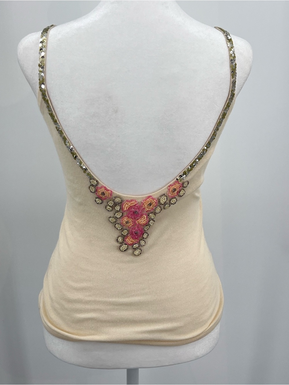 Free People Beaded and sequined Cream knit Tank Top Pink Floral Accents S